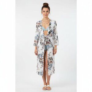 Miss Ord White Floral Long Sleeve Tie Front Kimono Robe Swimsuit Coverup L